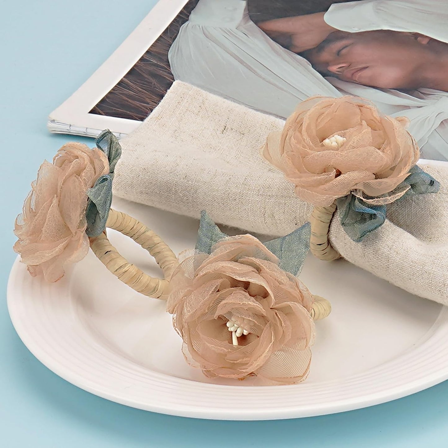 Handcraft Flower Napkin Rings Set of 6– Blush Beige Camellia Tulle Napkin Holders for Dining Table Decor, Weddings, Parties, Birthday & Thanksgiving