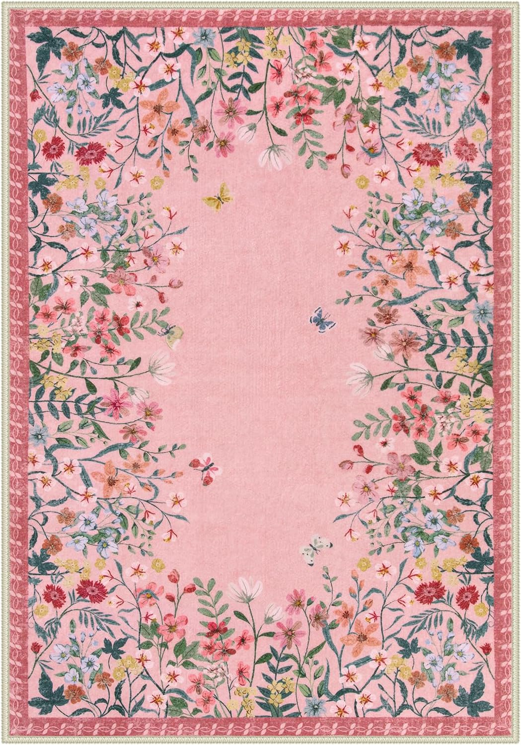 Wonnitar Washable Rug, 5x7 Pink Rugs for Living Room, Floral Print Non-Slip Area Rugs for Bedroom Girls, Soft Large Throw Carpet for Kids Nursery Room (Pink,5'x7')