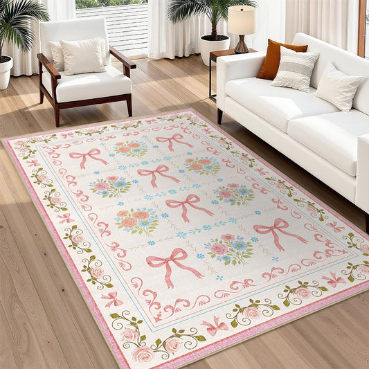 Bow 5x7 Area Rug Pink Princess Rugs Machine Washable Non-Slip Low-Pile Floor Carpet Mat for Girls Room Nursery Vanity Living Room Bedroom Dining Room Office