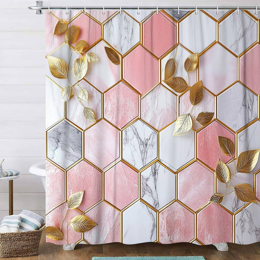 JAWO Pink Shower Curtain, Modern Abstract Geometric Shower Curtains for Bathroom Decor, Gold Leaves Waterproof Polyester Fabric Shower Curtain with 12 Hooks, 36x72