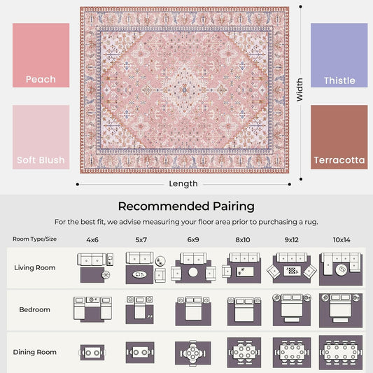 8x10 Area Rugs for Living Room, Machine Washable Low Pile Rug, Non Slip Backing Boho Rugs for Bedroom, Printed Soft Vintage Carpet Peach Pink 8 x 10