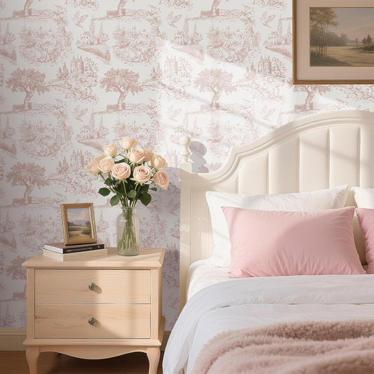 FunStick Vintage Pink Toile Wallpaper Peel and Stick Tree Bird French Country Wallpaper for Girls Bedroom Bathroom Removable de Jouy Beige Toile Contact Paper for Walls Cabinets Waterproof 17.5"x118"