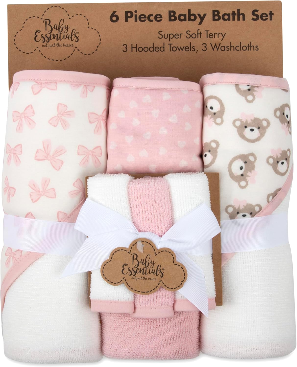 Hooded Baby Bath Towel and Washcloth 6 Piece Set for Newborns, Infants & Toddlers, Boys & Girls Baby Hooded Towels Set (Pink Bows and Teddy Bears)