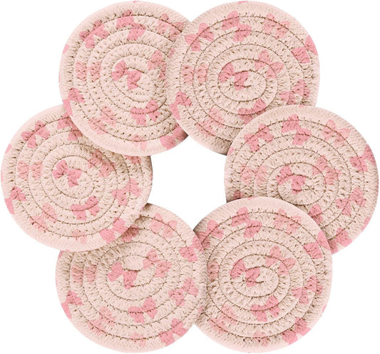 6 Pcs Drink Coasters Cute Light Pink Bow Woven Coasters Set Drinks Coasters with Holder