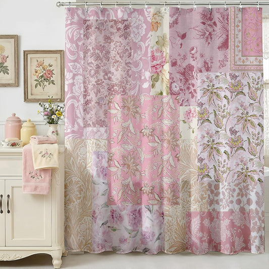 Mocsicka Pink Vintage Boho Shower Curtain Retro Floral Shower Curtain Boho Floral Bathroom Decor Waterproof Mid Century Farmhouse Flowers Patchwork Bath Curtain 72 X 72 Inch