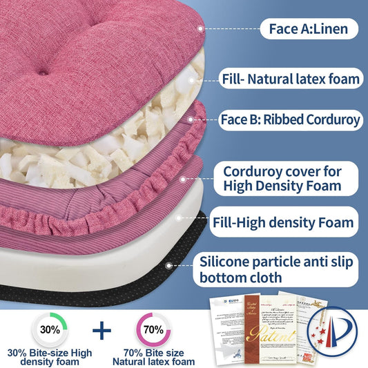 BUYUE Double-Layer Thickened Chair Cushion for Dining Chair, Natural Latex Foam Support, 2-Faced Reversible Kitchen Seat Cushion, Practical Non-Slip Chair Pad, 1 PC, Pink