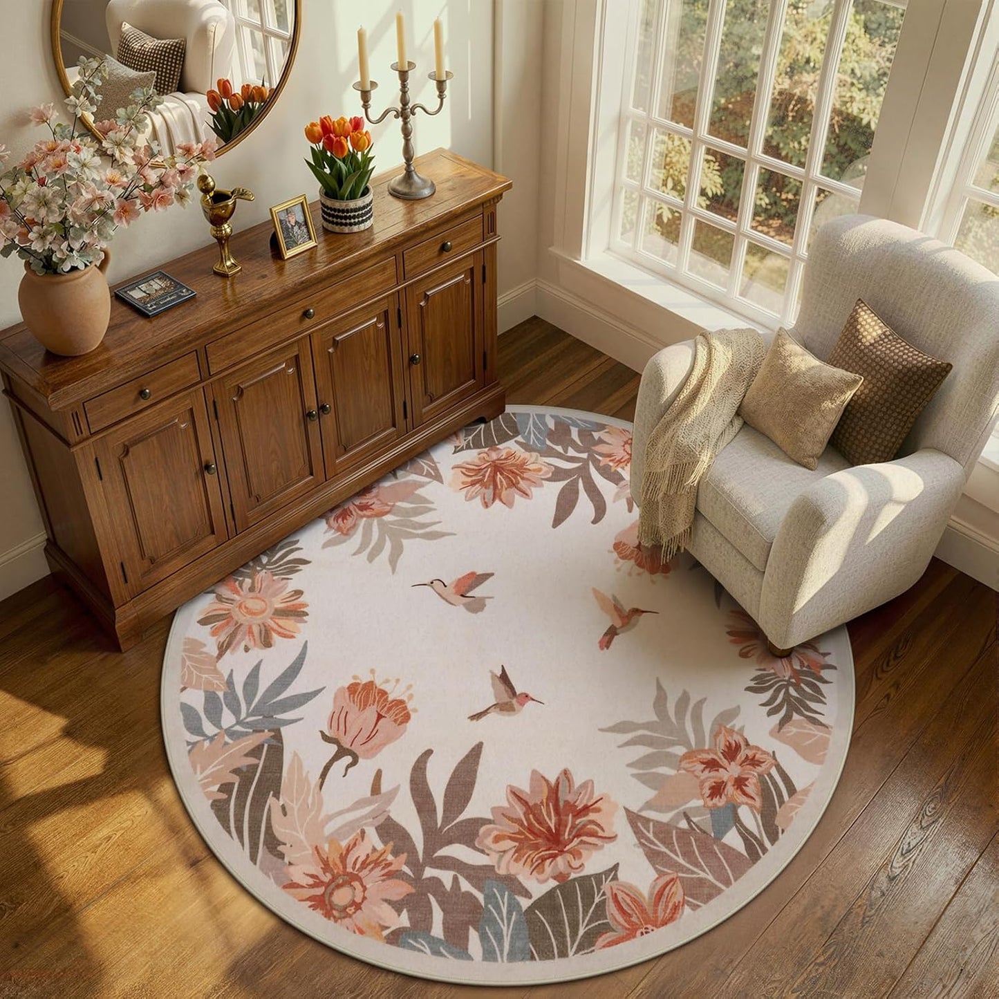 Beeiva Floral Round Rug 4ft for Entryway - Washable Circular Pink Boho Rug for Bedroom, Non Slip Small Rugs Circle Carpet for Dining Room Kitchen Table Flower Print Décor(Beige,Round 4')