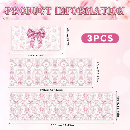 Pink Bow Kitchen Rug and Mat Set of 3, Cute Coquettte Kitchen Rugs, Non-Slip Bow Sweet Decorations for Home Indoor Bathroom Living Room Sink Laundry Floor Decor 18''x31''+18''x47''+18''x60''
