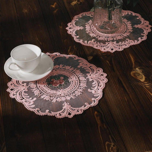 Embroidered Placemats Set of 4, Retro Handmand Place Mats Vintage Cup Vase Table Mat for Dining Table Kitchen Party -Pink, 4PCS