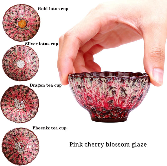 Pink Tenmokus Tea Cups Set of 4, Chinese Jianzhan Ceramic Teacup | Cherry Blossom Glaze, Kiln Change, Lead-free Cadmium-free, for Kungfu Tea Ceremony, Home Decor & Collection Gift