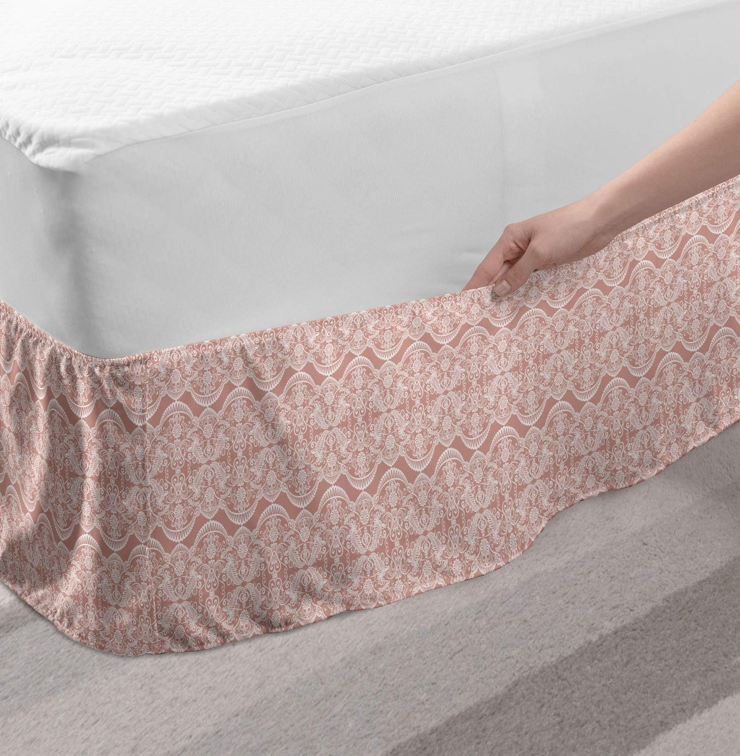 Lunarable Peach Pink Bed Skirt, Lace Looking Like Geometrical Abstract Vertical Arranged Romantic Retro Motifs, Elastic Bedskirt Dust Ruffle Wrap Around for Bedding Decor, Twin/Twin XL, White Blush