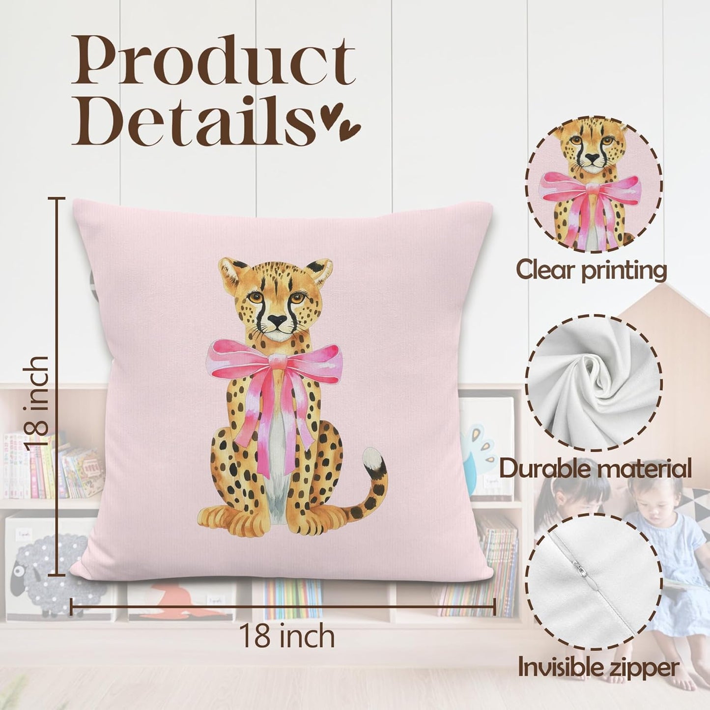 Pink Cheetah Throw Pillow Covers 18x18inches, Coquette Bow Leopard Decorative Pillowcase Cases, Preppy Trendy Cheetah Throw Pillow Covers for Couch Sofa Home Girly Room Bedroom Dorm Decor