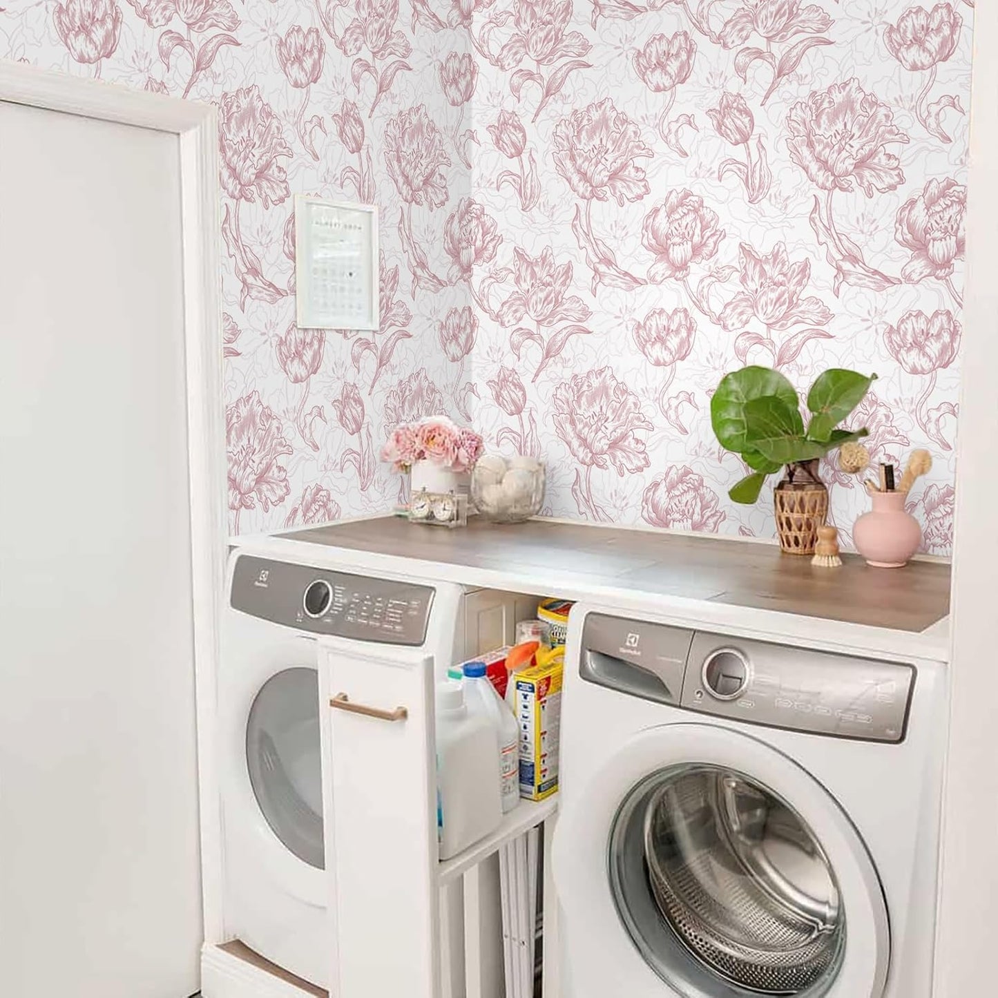 Timeet 17.7In ×197In Pink Peel and Stick Wallpaper, Floral Peel and Stick Wallpaper Boho Contact Paper Removable Self Adhesive Bedroom Cabinet Mural Wall Decor Vinyl Roll