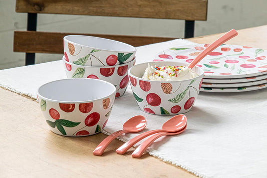 Abode Homewares Berries & Cherries 6.2" Durable Melamine Dessert Spoons, Dishwasher-Safe Indoor/Outdoor Flatware - Coral - Set of 4