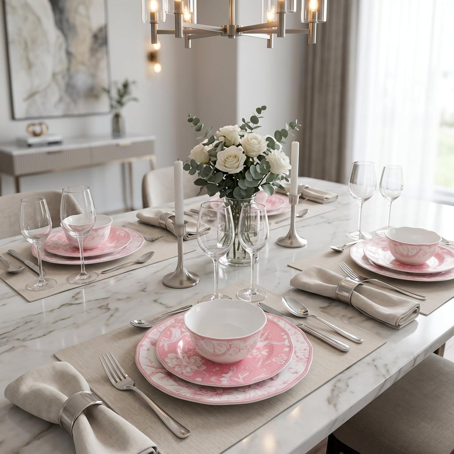 222 Fifth Adelaide Blush 12-Piece Pink Porcelain Dinnerware Set – Service for 4, Big Dinner Plates and Bowls Sets, White with Pink Floral Pattern, for Daily Entertainment, Microwave & Dishwasher Safe