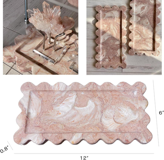 Natural Luxury Marble Vanity Tray Rectangle with Ruffles Serving Marble Storage for Bathroom, Kitchen, Plate Holder for Skincare Product, Perfume, and Food Home Décor (Shell Pink)