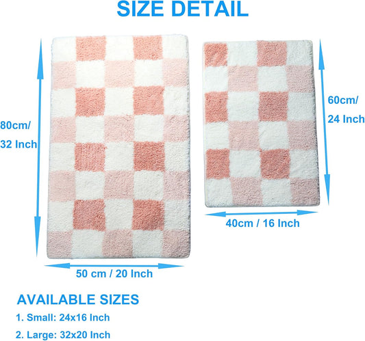 Pink Checkerboard Bath Mat, Soft Microfiber Bathroom Rug, Non-Slip TPR Backing, Absorbent Machine Washable Bath Rug for Shower Tub Sink Bedroom Kitchen Indoor Home Decor, 24x16 Inch