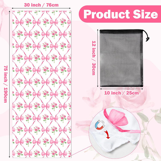 Coquette Pink Bow Rose Magnetic Beach Towel - 74.8"x30" Sand Free Quick Dry Microfiber Towel with Built-in Magnets Lightweight for Beach Chair Car Door Pool Travel Yoga with Storage Bag