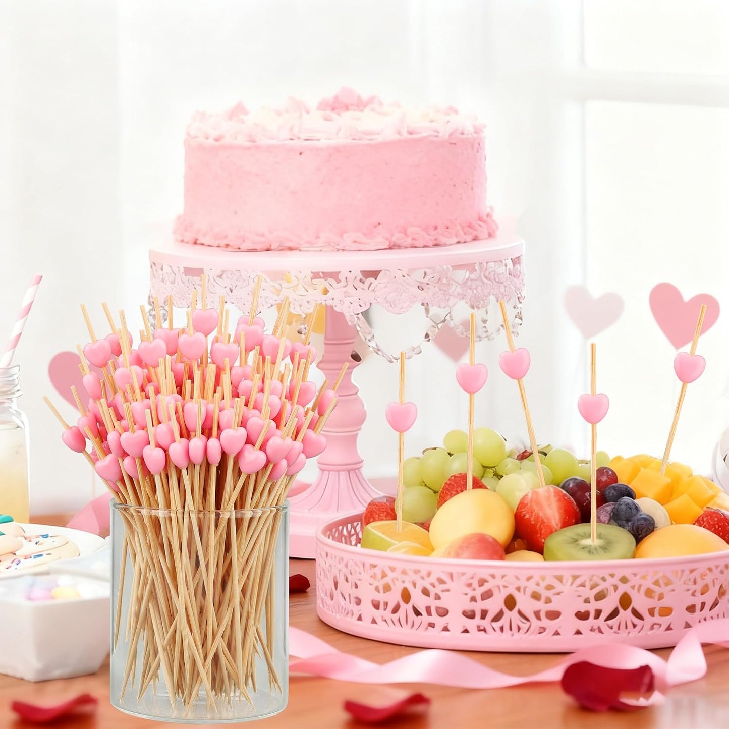 200PCS Pink Heart Cocktail Picks 4.7" Long Heart Shaped Bamboo Toothpicks for Appetizers Fruit Valentines Natural Bamboo Food Stick Skewer for Valentines Day Birthday Wedding Decoration Party Supplies