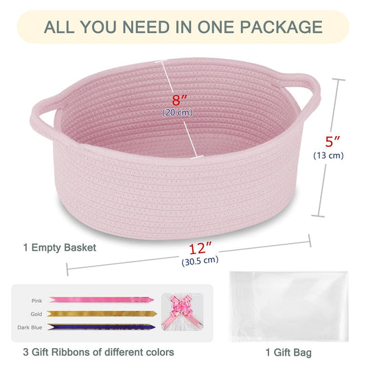 COMSE Small Woven Basket with Gift Bags and Ribbons, Gift Basket Empty, Cotton Rope Storage Organizer, Baby Toy Box with Handles, 12" x 8" x 5", Light pink