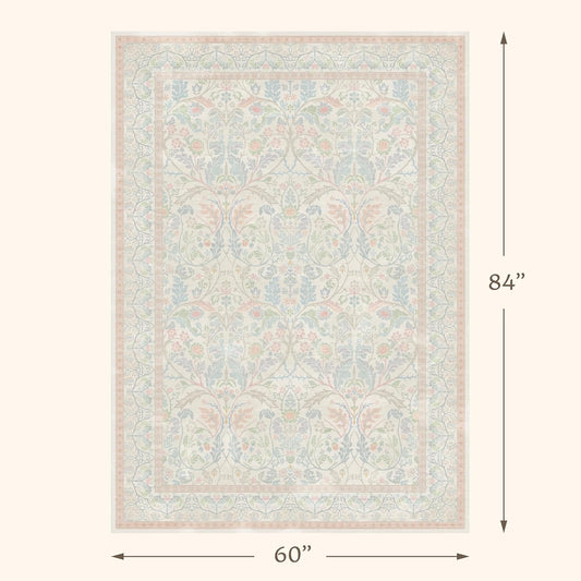 Washable Blue and Pink Rug 5x7 - Baby Girls Nursery Rug Non Slip, Soft Pastel Kids Playroom Decor Carpet, Light Blue and Green Oushak Floral Bedroom Living Room Dorm Carpet (Green and Pink)