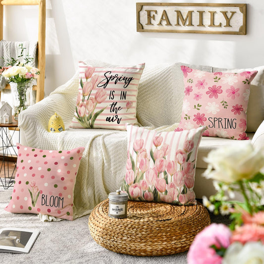 AVOIN colorlife Spring is in The Air Tulip Throw Pillow Covers, 18 x 18 Inch Bloom Flowers Pink Polka dot Stripe Cushion Case Decoration for Sofa Couch Set of 4