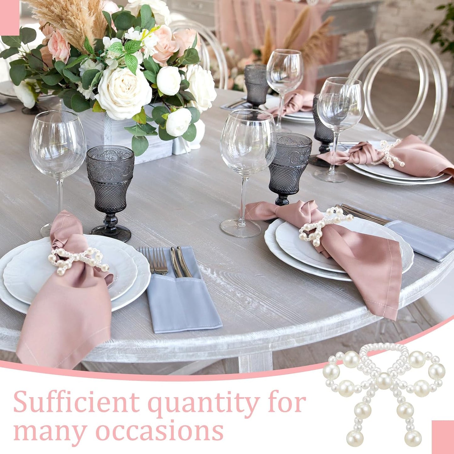 12 Pcs Pearl Bow Napkin Rings Imitation Bow Pearl Ring Napkin Holder Delicate Beaded Serviette Buckles for Christmas Wedding Party Dinner Table Decor and Daily Use(Elegant)