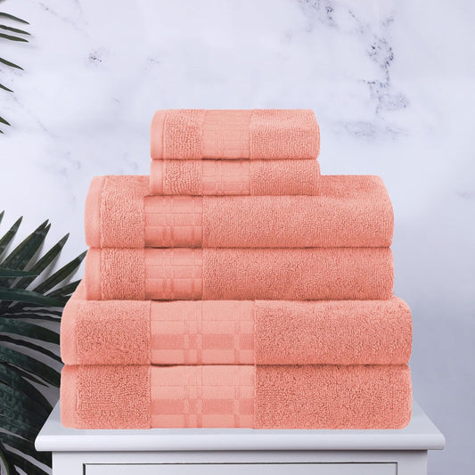 Superior 6-Piece Cotton Towel Set, Geometric Design, Dobby Border, Plush Quick Dry Towels, Decorative Bathroom, Spa, Includes 2 Bath, 2 Hand, 2 Face Towels/ Washcloth, Larissa Collection, Coral
