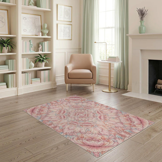 4'x6' Washable Flatwoven Rug, Peach Watercolor Floral Easy Care Throw Carpet for Dorm Room, Small Living Room, Apartment, Stain Resistant Low Profile Floor Covering | Ref:2111812