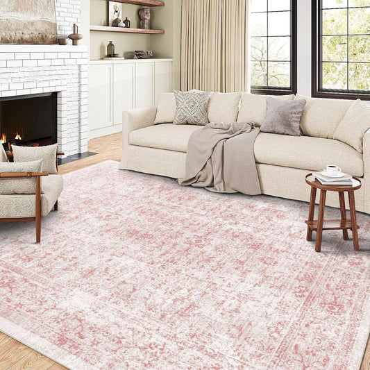 3x5 Rug, Small Area Rug for Living Room, Bedroom, Kitchen, Machine Washable Non-Slip Throw Rug, Vintage Distressed Floral Carpet for Entryway Nursery Dinner Room - Durable (Pink)