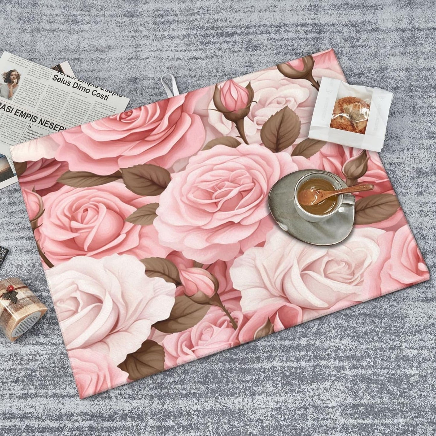 Dish Drying Mat Pink Rose Floral Flower Absorbent Dish Drying Mats for Kitchen Counter Non Slip Dish Drainer Mat Drying Mat, 18x24 in