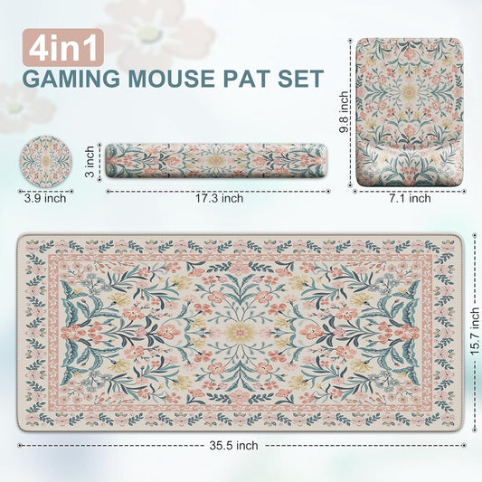 iCasso Mouse Pad with Wrist Rest,Large Desk Mat Set,Ergonomic Keyboard Pad with Wrist Support,Non-Slip Mouse Mat for Women,Cute Floral Computer Mat for Home Office Gaming (Pink)