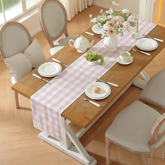 Laolitou Spring Pink Checkered Table Runner, Cotton Linen Gingham Table Runners, Classic Buffalo Plaid Farmhouse Table Decor, 13x72 Inches