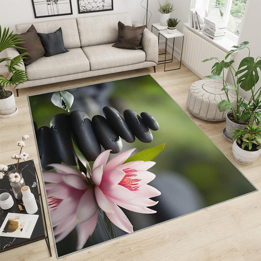 Zen Area Rug - Bathroom Rug 3x4 - Spa Stone Rugs for Bedroom Pink Lotus Design - Soft & Non Slip & Washable Rugs for Living Room - Green Leaves Decor