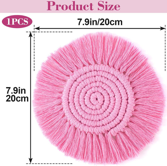 Pndeyo Round Coasters for Drinks Absorbent, Boho Braided Coasters with Tassels, Heat Resistant Cotton Coffee Cup Mat for Home Decor Wooden Tabletop Protection- Pink