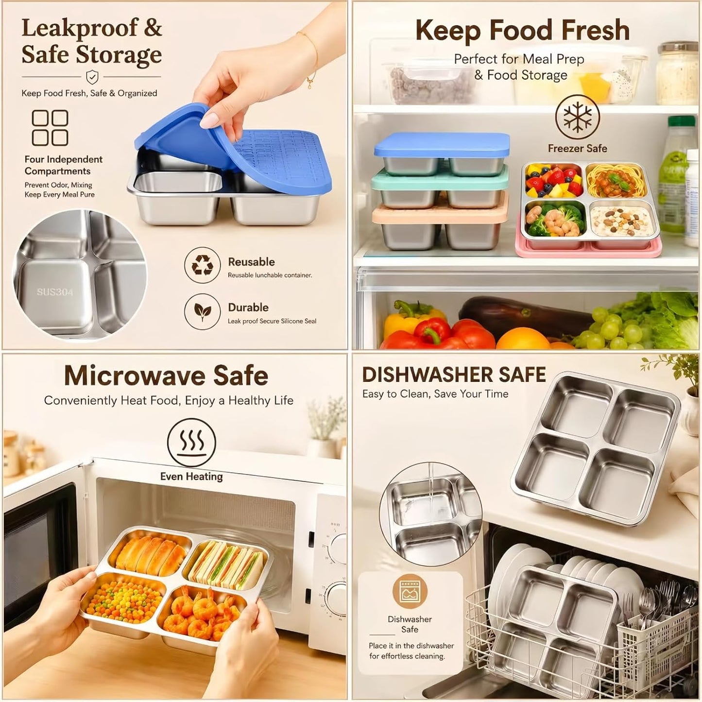 Snack Containers With Lids,4 Compartment Snack Containers,Reusable Stainless Steel Lunch Container,Comes with a Leak-Proof Silicone Lid ,for Travel,Camping,Work (Blue,Pink, Apricot,Light green)