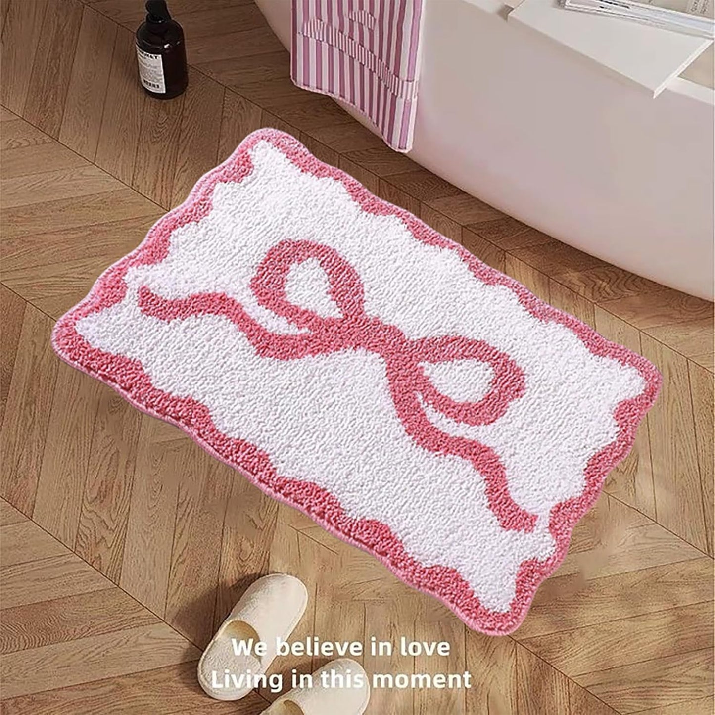 Pink Scalloped Bow Non-Slip Bath Mat - Absorbent Microfiber Shower Rug, Preppy Cute Funny Bathroom Decor, Machine Washable Bathtub Rug (Pink, 20" X 32")