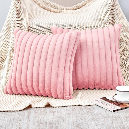 Throw Pillow Covers Decorative Faux Fur Set of 2 20x20 Inch Pillow Covers, Soft Pink Striped Pillowcases for Couch Sofa Bed Living Room, Fluffy Cute Home Boho Accent Fuzzy Decor