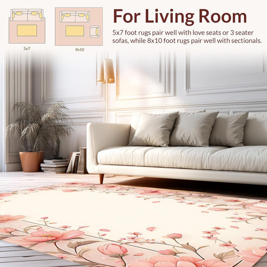Flatwoven High Traffic Area Rug 5x7, Delicate Petal Paradise Artistic Home Accent, Non Slip, Stain Resistant, Washable Area Rugs for Living Room, Bedroom (Peach, 5x7)