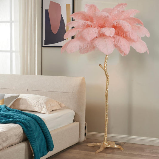 MAYOLA Luxury Resin Ostrich Feather Lamp, 35 Pieces Real Ostrich Feathers,Floor Light for Living Room, Bedroom and Office 67โ Tall Feather Lamp(Pink, Floor Lamp)