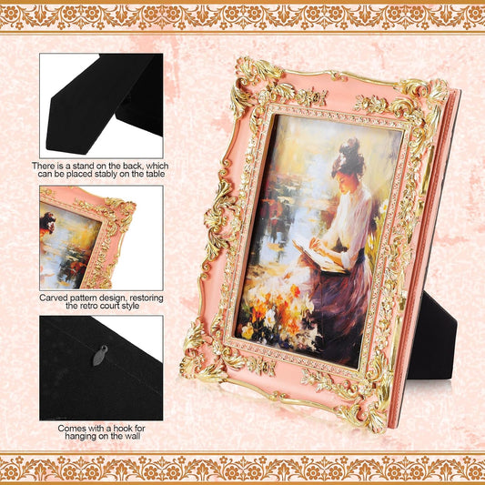 Geetery 4 Pcs Vintage Picture Frames Set, Pink Ornate Baroque Frames for Gallery Wall, Antique Victorian Decorative Photo Frame for Tabletop or Wall Display, Shabby Cottagecore Home Decor