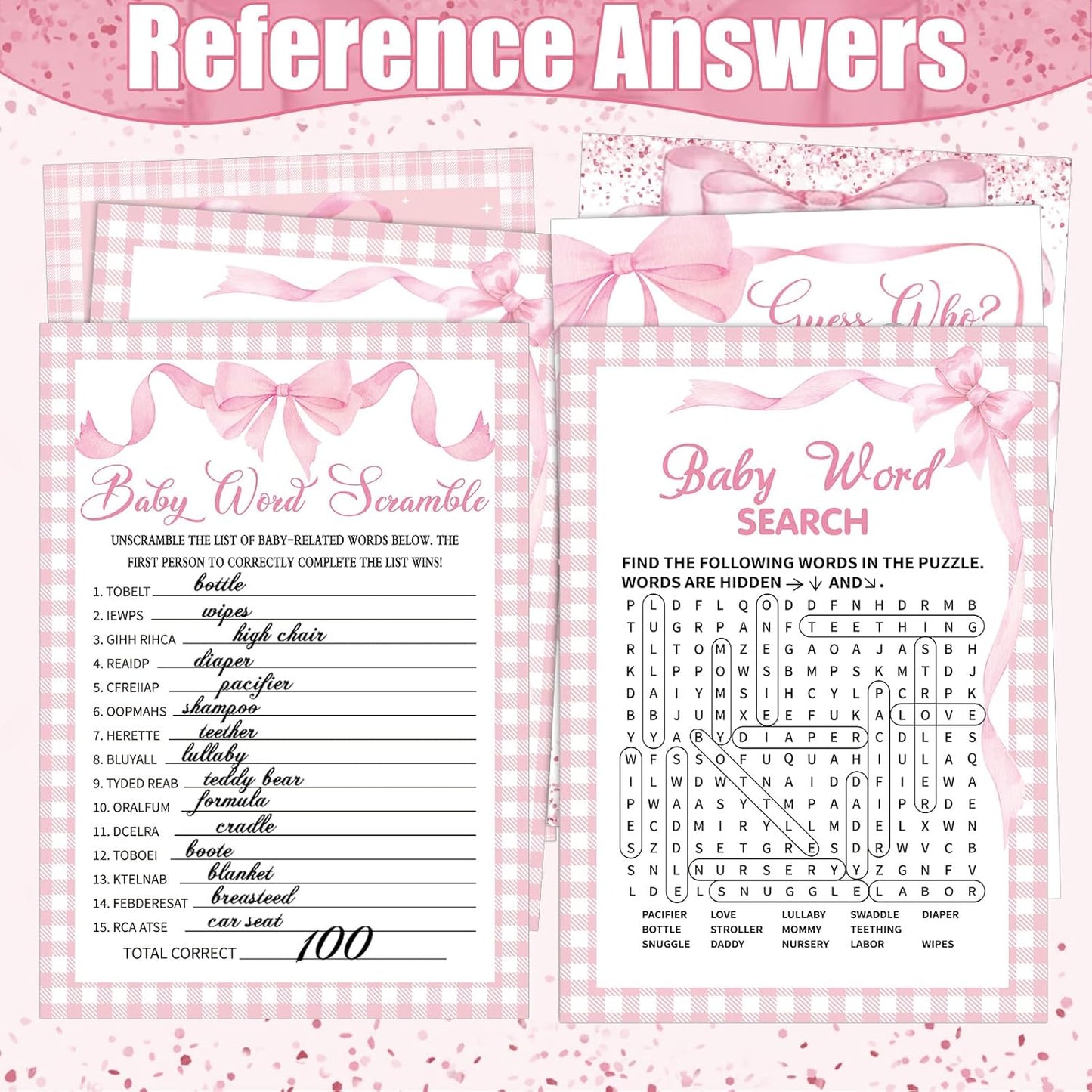 Funnymoom 426 Pcs Pink Bow Baby Shower Games Set-8 Games, Includes Baby Shower Bingo, Price is Right, Guess Who, Word Scramble, Prediction and Advice, How Big is Mommy's Belly, Don't Say the Words