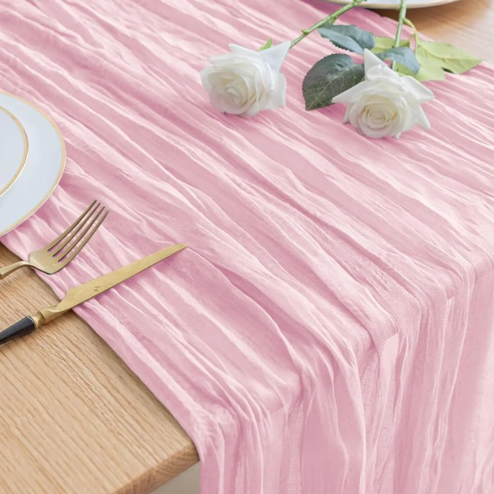 6 Pack Cheesecloth Table Runner - 35x120 Inch Light Pink Boho Table Runners, 10ft Gauze Fabric Runners for Wedding, Birthday, Baby Shower, Rustic Party Decor, Sheer Table Decoration