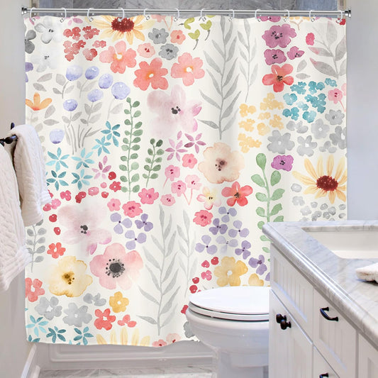 Riyidecor Cute Floral Colorful Shower Curtain,Spring Boho Kids Girls Girly Wildflower Pink Watercolor Fabric Cloth Bathroom Curtains,Funky Trendy Plant Bathroom Decor Set with Hooks 72x72 Inch