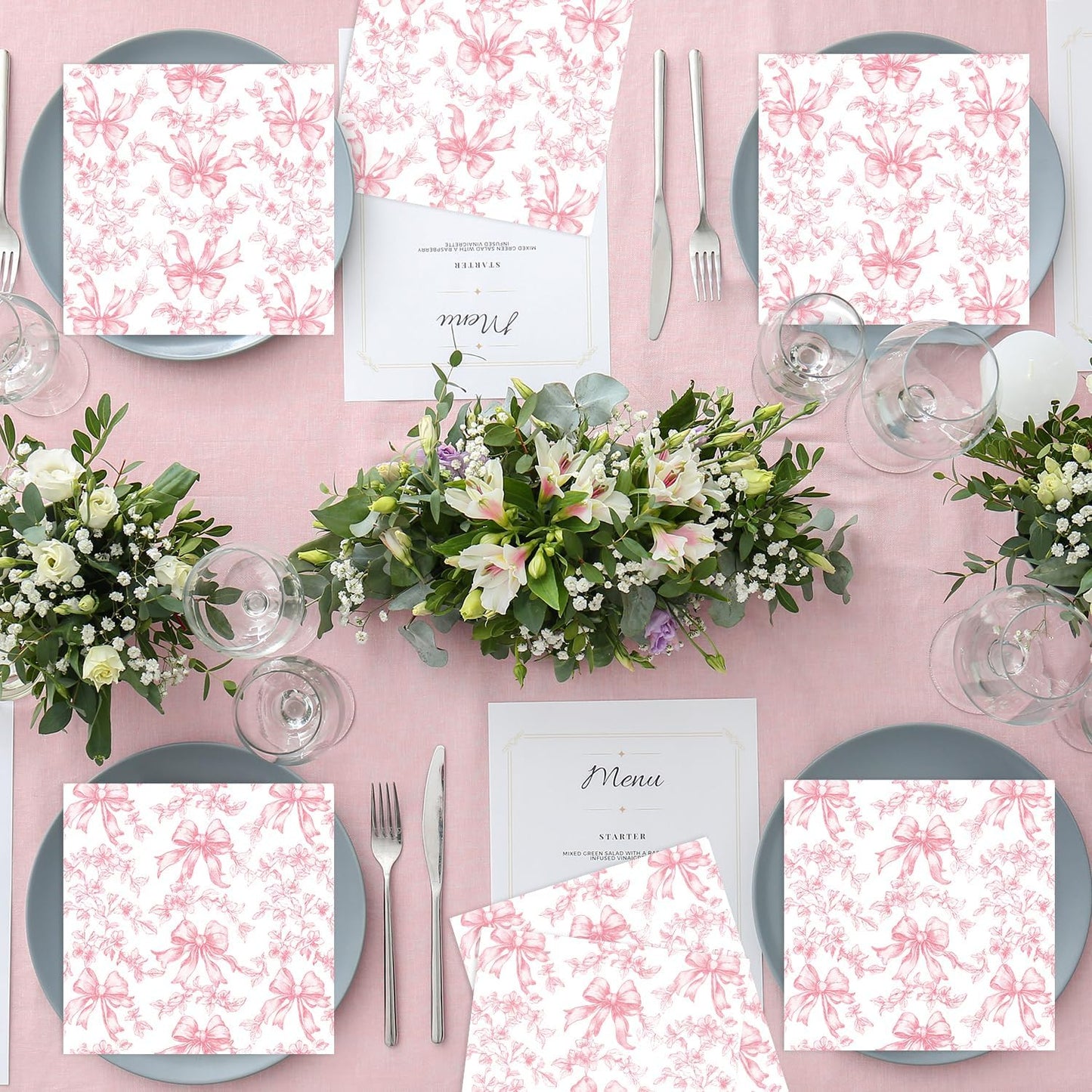 Quera Pink Bow Napkins Cocktail Floral Coquette Party Favor for Baby Shower | 50 Pcs Paper Toile Napkin for girl Bridal Birthday White Bows