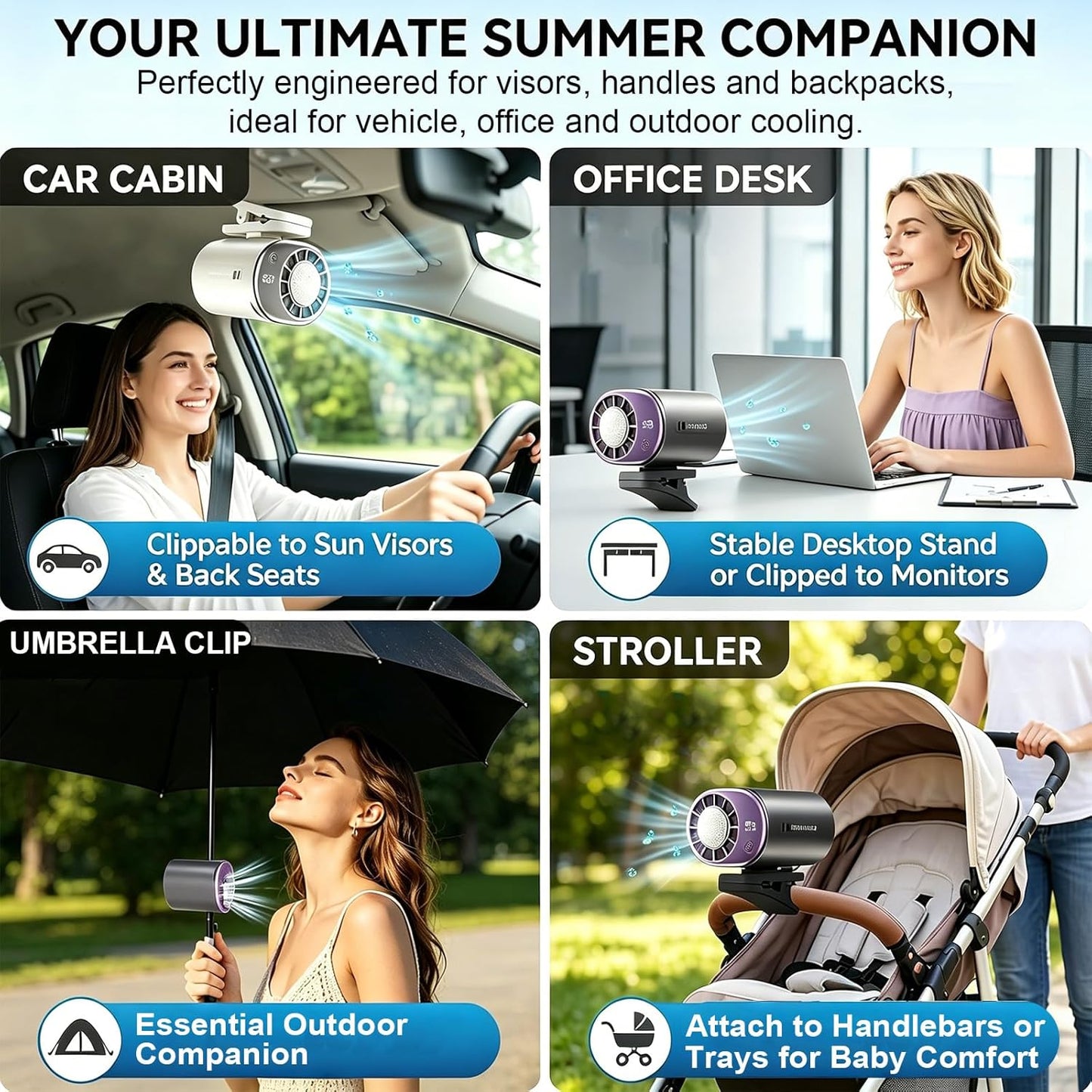 Clip On Fan with Led Display, Portable Ac for Car, 16°C Cooling System, 360° Rotation & 199 Speeds Adjustable Mini Car Fan, Car Air Conditioner, Personal Fan for Vehicle, Office, Outdoor Use (Pink)