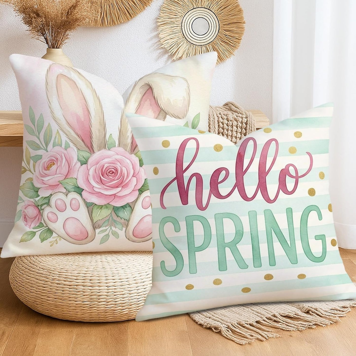 Bunny Throw Pillow Covers Set of 4, Spring Festive Roses Easter Eggs Easter Pastel Peach with Hidden Zipper Square Pillow Cases for Living Room Bed Office Sofa Chair Decor 26x26 Inch