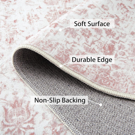 CAROMIO Machine Washable Rug Vintage Area Rugs Stain Resistant Non-Slip Floor Carpet Rug Oriental Distressed Retro Floral Medallion Accent Carpet Farmhouse Dining Table Rugs, Pink, 4' x 6'