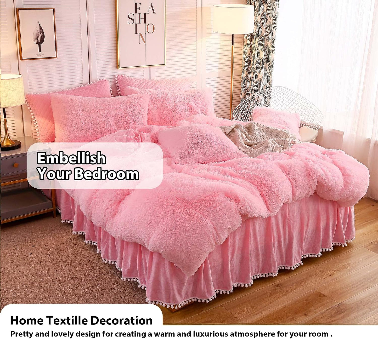 LIFEREVO Luxury Pom Poms Velvet Bed Skirt, Velvet Wrap Around Bed Skirt, Diamond Quilted Fitted Bed Sheet Bedskirt, 18 Inch Drop Dust Ruffle Decorative Bedspread Pompoms Fringe(Twin/Twin XL, Pink)