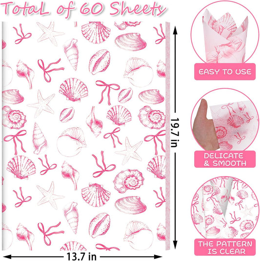60 Sheets Pink Shell Themed Tissue Paper, 20 x 14 Inches, Premium Decorative Tissue Paper for Gift Wrapping, DIY Crafts, Beach Theme Party, Birthday, Baby Shower & Holiday Decor